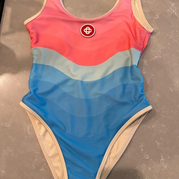 Girls Colorblock One-Piece Swimsuit in Pink & Blue - Picture 1 of 8